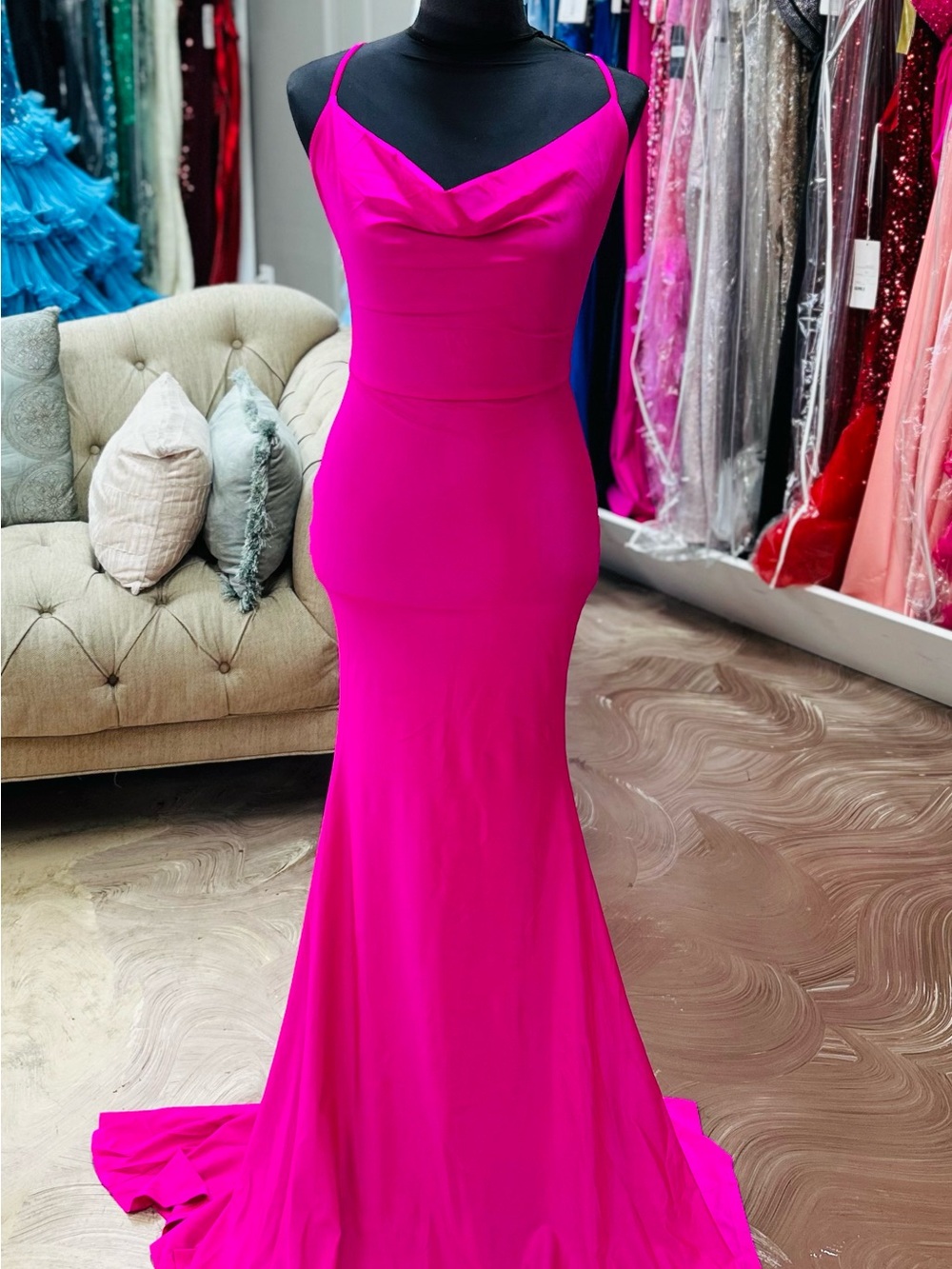 Elegant Fuchsia Cowl Neck Spaghetti Strap Prom Gown